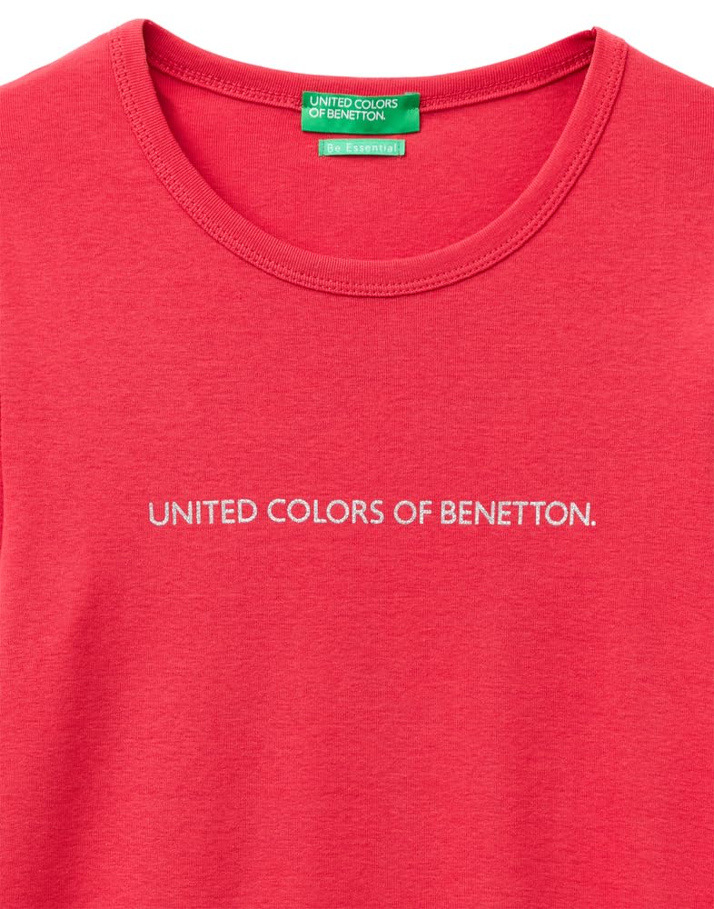 Benetton T-Shirt 3ga8e16g0 Donna Rossa Manica Lunga Glitter