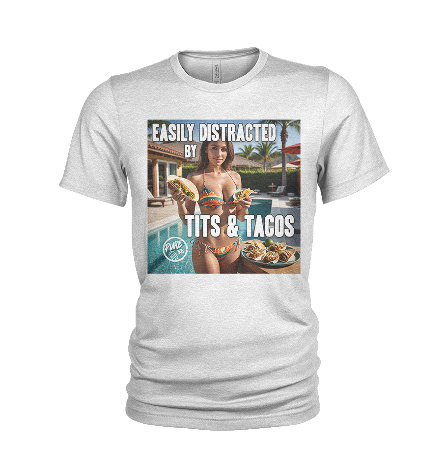 Pure Trash Easily Distracted Tits Tacos maglietta uomo nero cotone