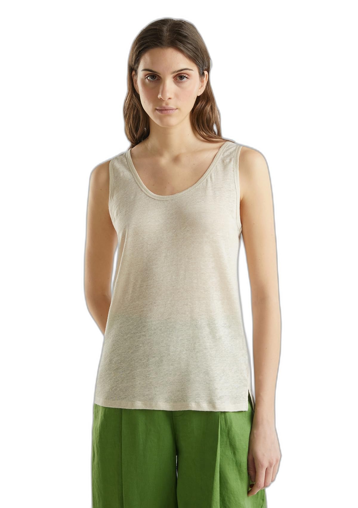 Benetton canottiera donna lino regular nero spacchi fondo