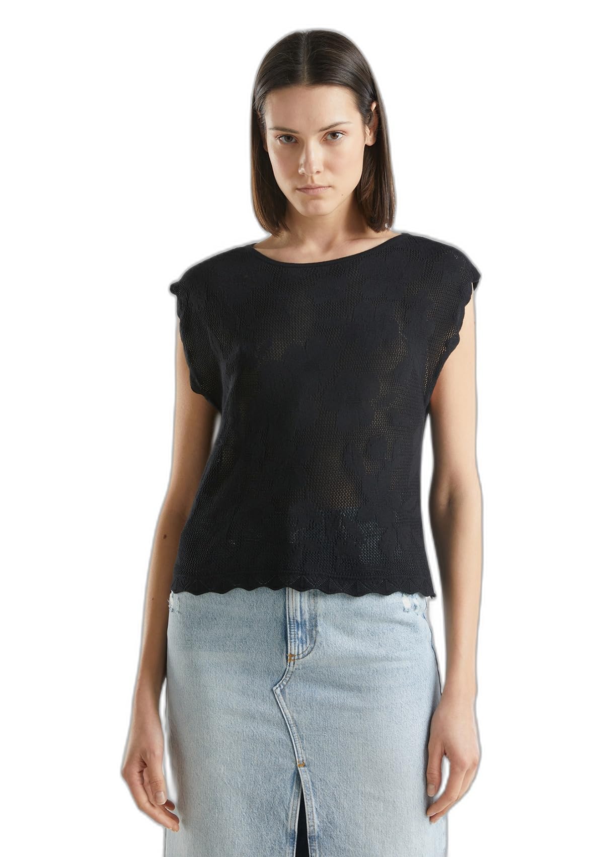Benetton Canottiera Donna Bianca Maglia Pizzo XS