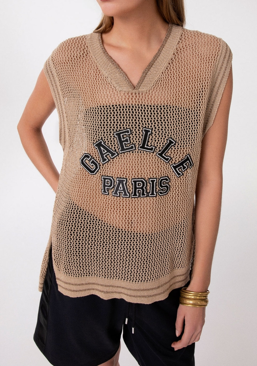 Gaelle Paris GAABW09486 canotta donna beige traforata over
