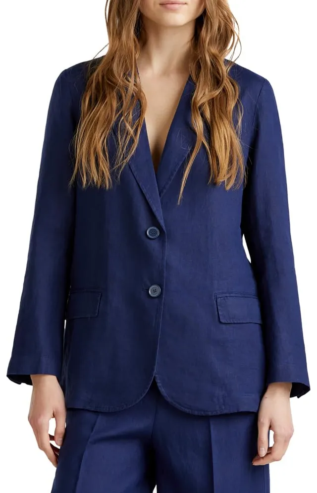 Benetton 2AGHDW00R Giacca Donna Blu in Lino Destrutturata
