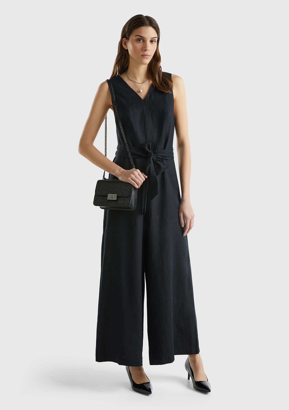Benetton Tuta Donna Nero 100 Lino Scollo a V