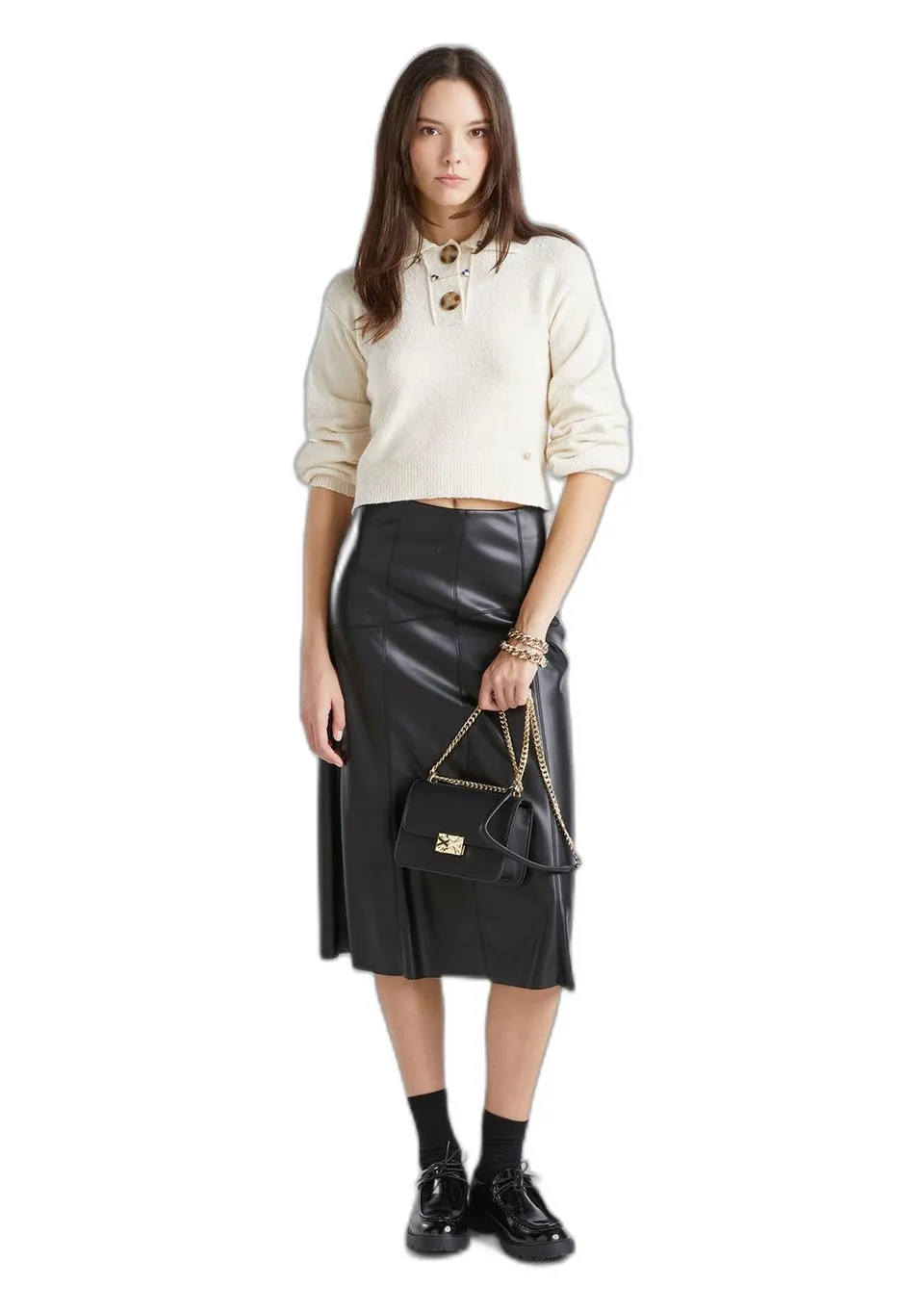 Benetton Gonna Midi Donna 36 Ecopelle Svasata Nera