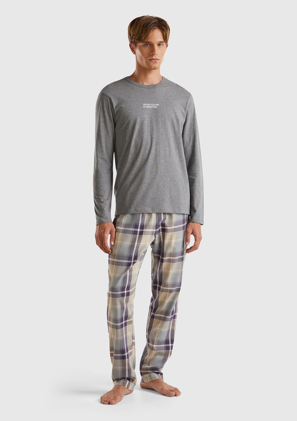 Benetton Top Pigiama Uomo Maglietta Grigio Jersey Stampa