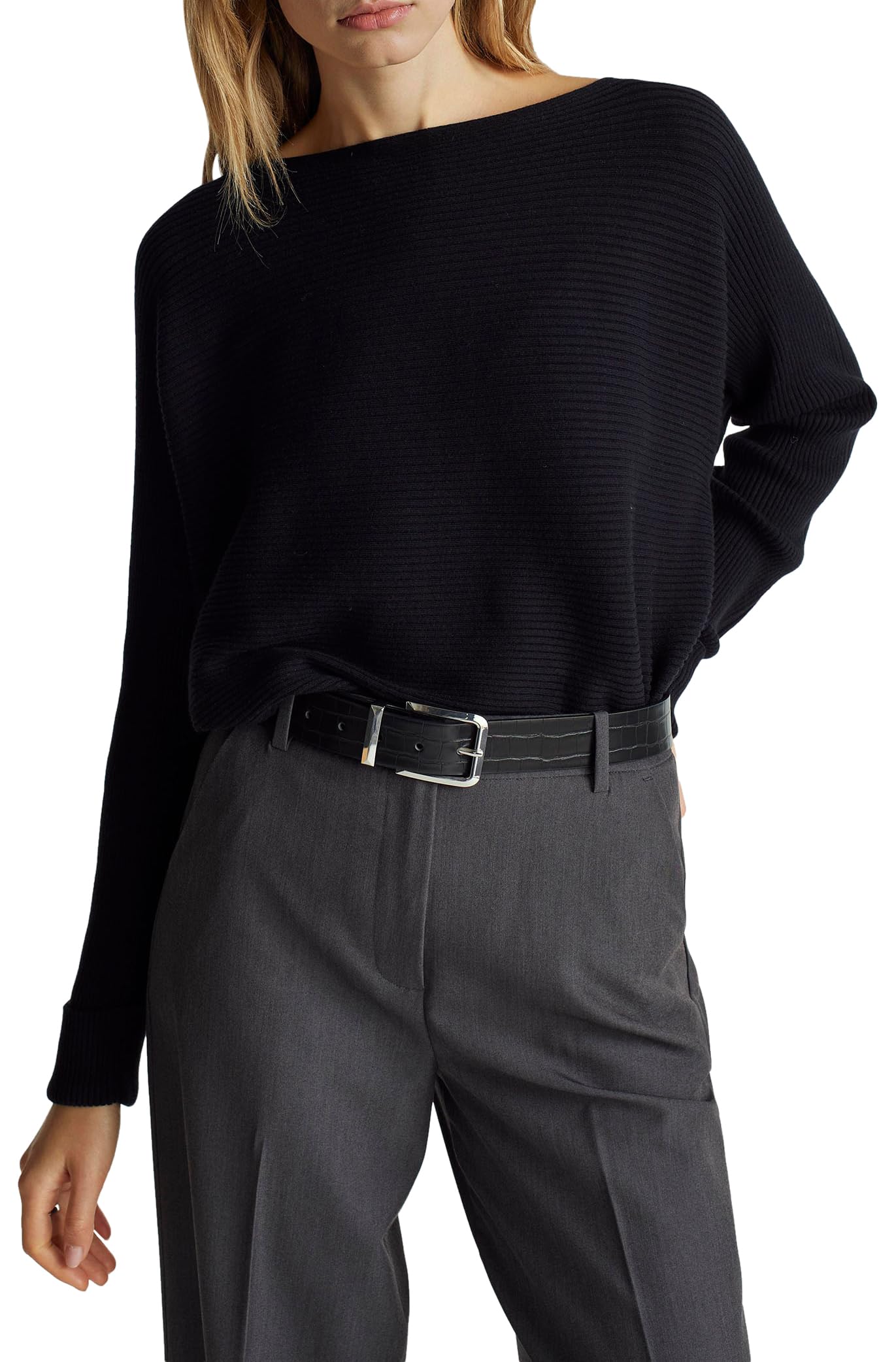 Benetton Maglione Donna Barchetta Cotone Lana Boxy