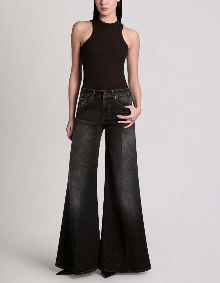 Dondup Marlen DP775 Wide Leg Jeans Donna Nero Stretch
