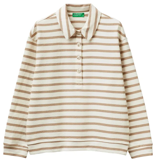 Benetton Polo Donna Felpa Rigata Comfort Bottoni
