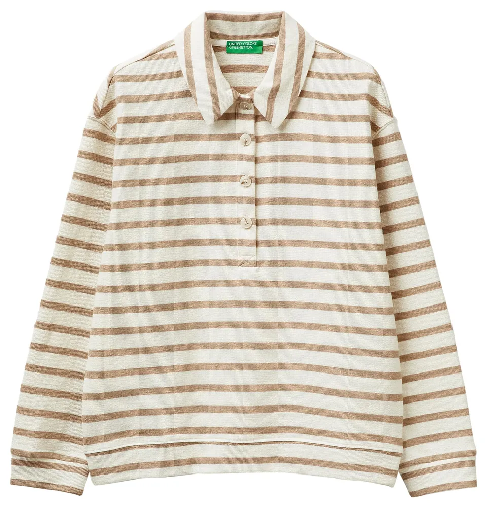 Benetton Polo Donna Felpa Rigata Comfort Bottoni