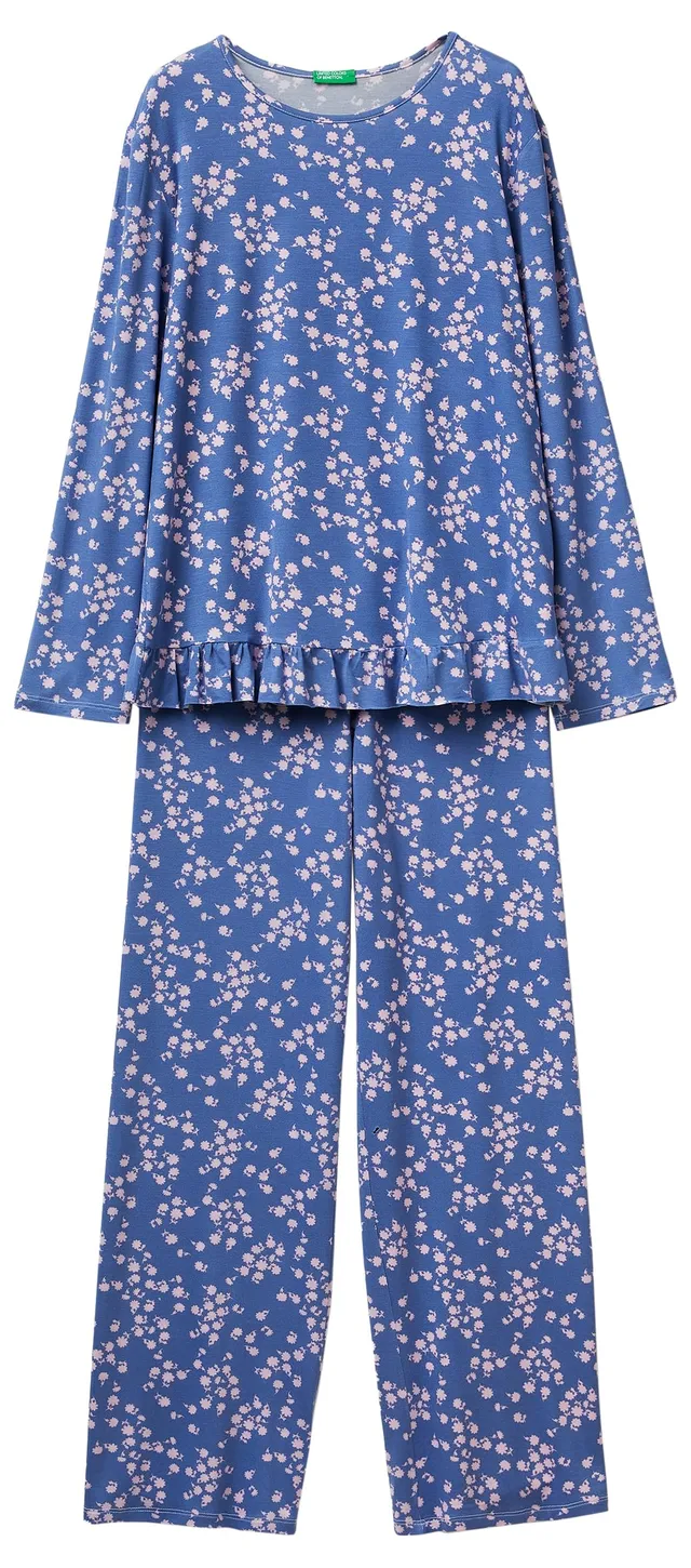 Benetton Set Pigiama Donna Viscosa XS Blu Ruches