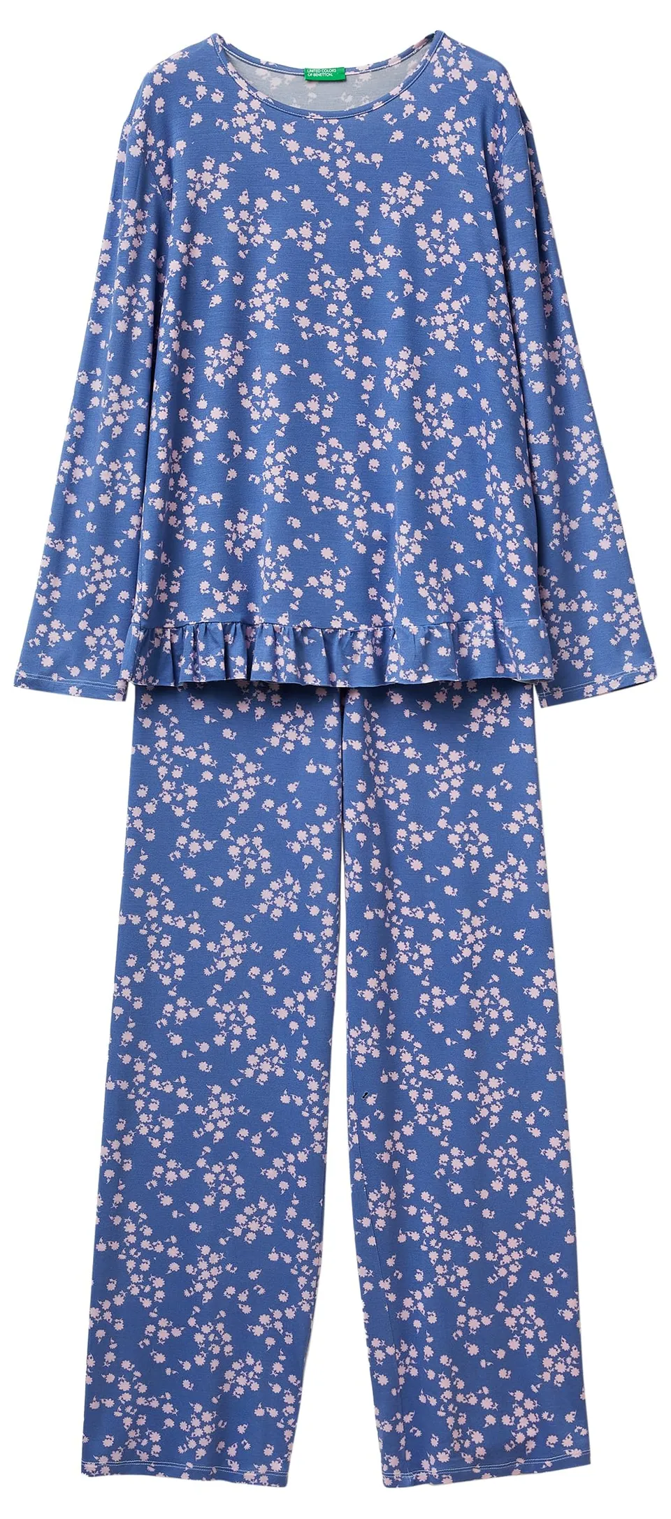 Benetton Set Pigiama Donna Viscosa XS Blu Ruches