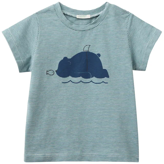 Benetton T-Shirt Bimbo Verde 903 in Cotone con Stampa