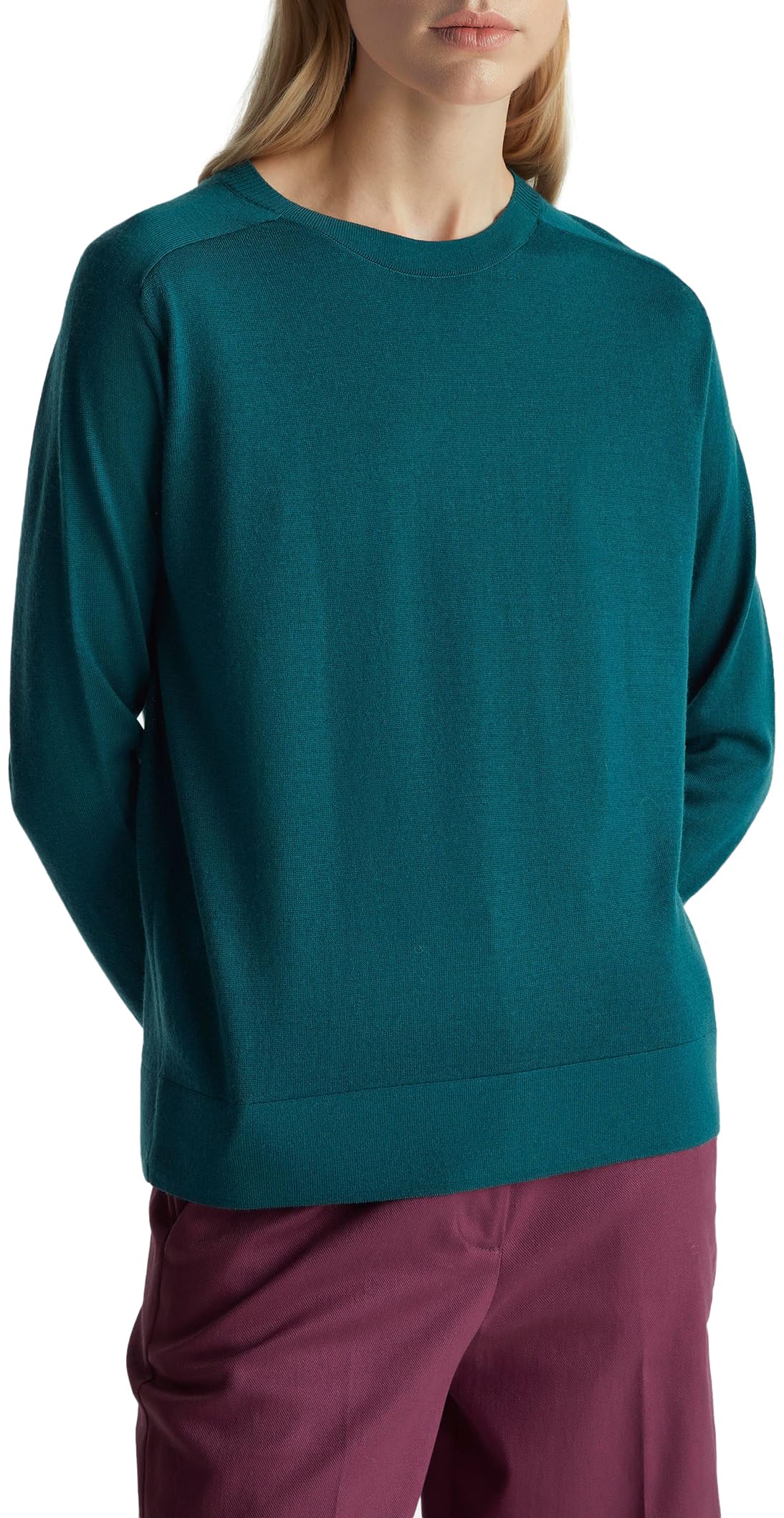 Benetton Maglia Lana Merino Donna Verde Girocollo