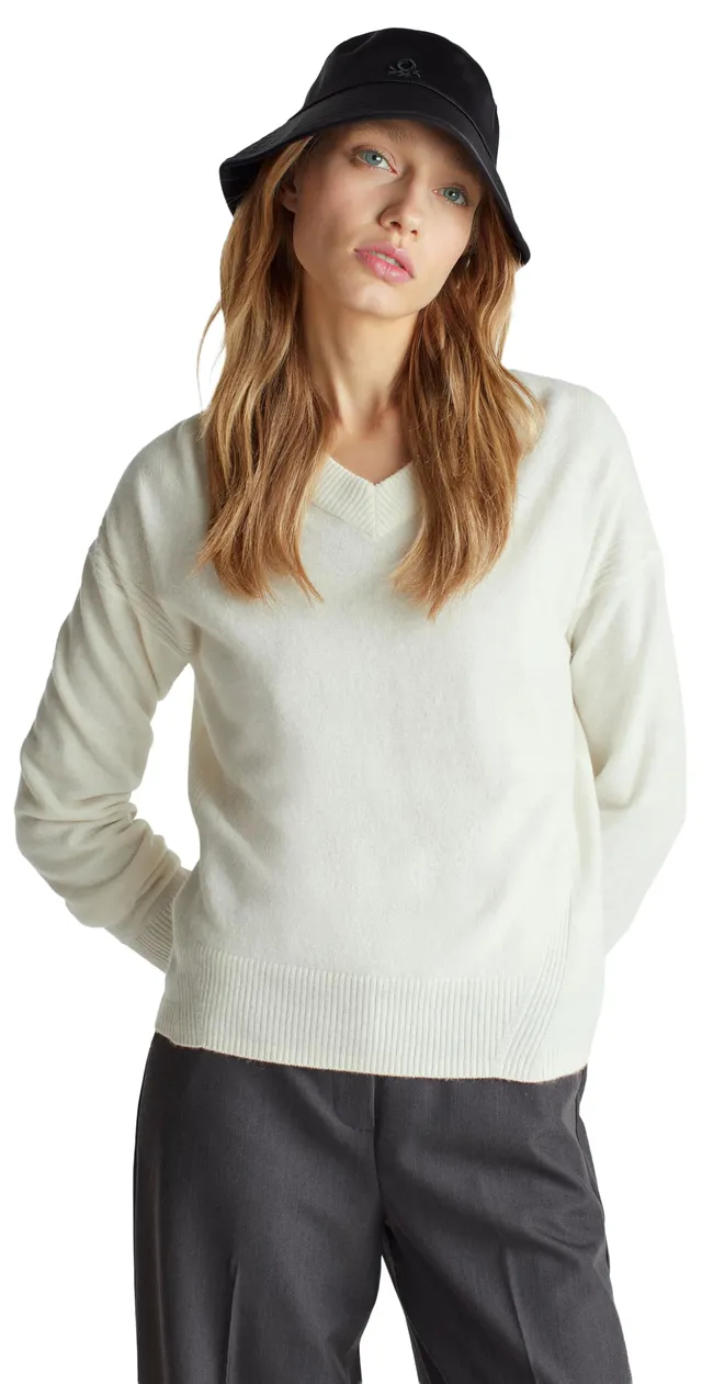 Benetton 102hd4032 Maglione Donna Scollo V S Bianco