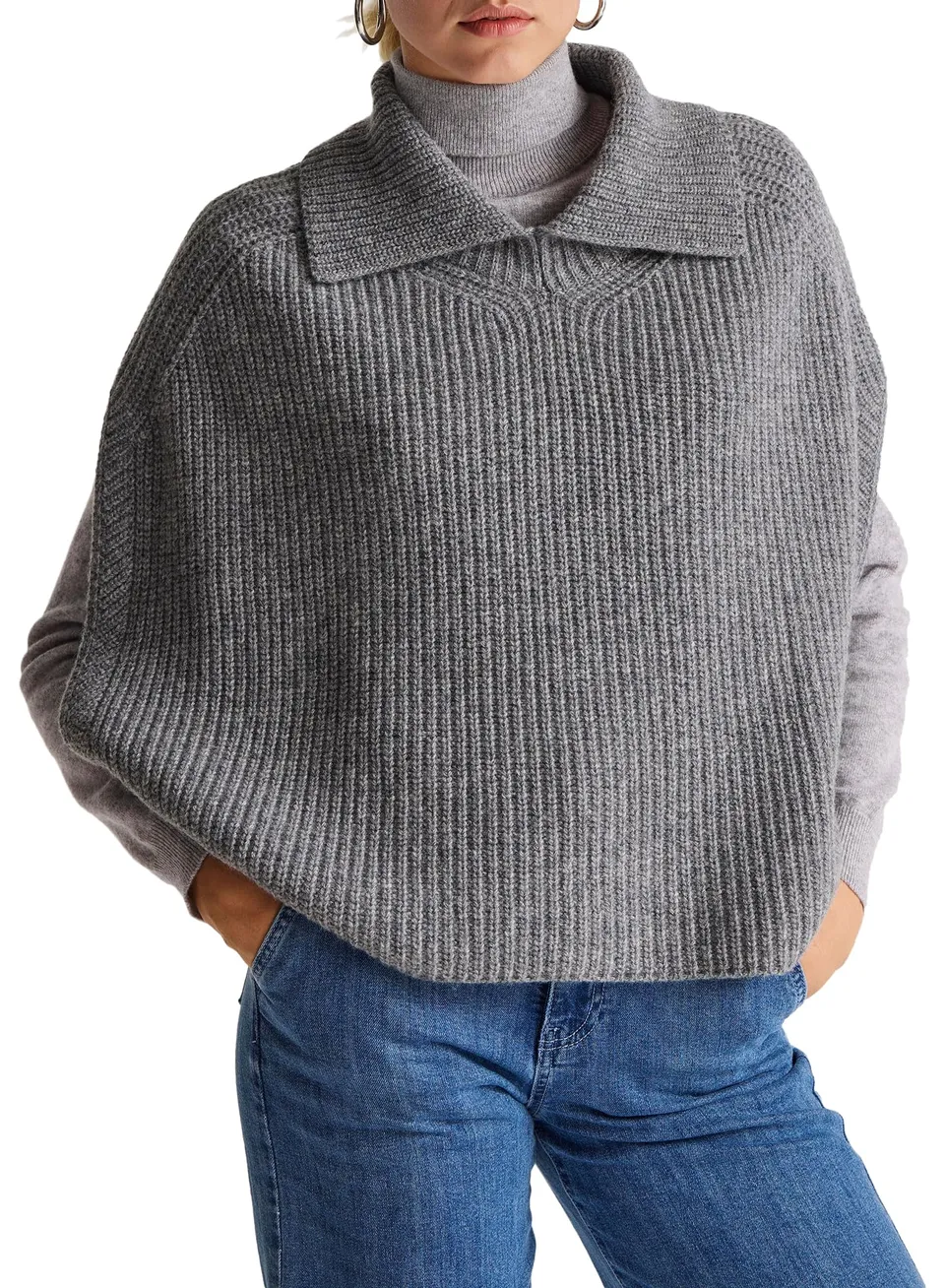 Benetton Maglieria Poncho e Mantelle Fatti a Maglia Donna Grigio M Collo Alto