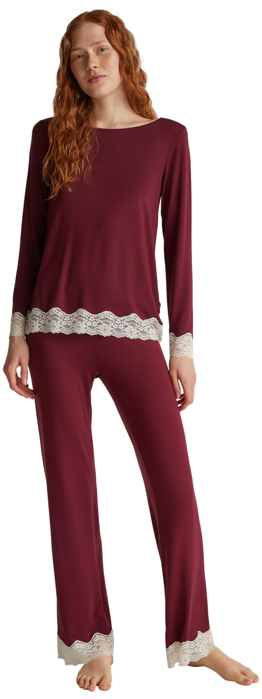 Benetton Maglieria 3z123m07x Maglione Donna Rosso Viscosa Pizzo