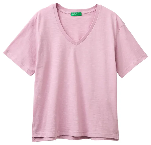 Benetton 3BVXD4020 T-Shirt Donna Viola Scollo V XXS