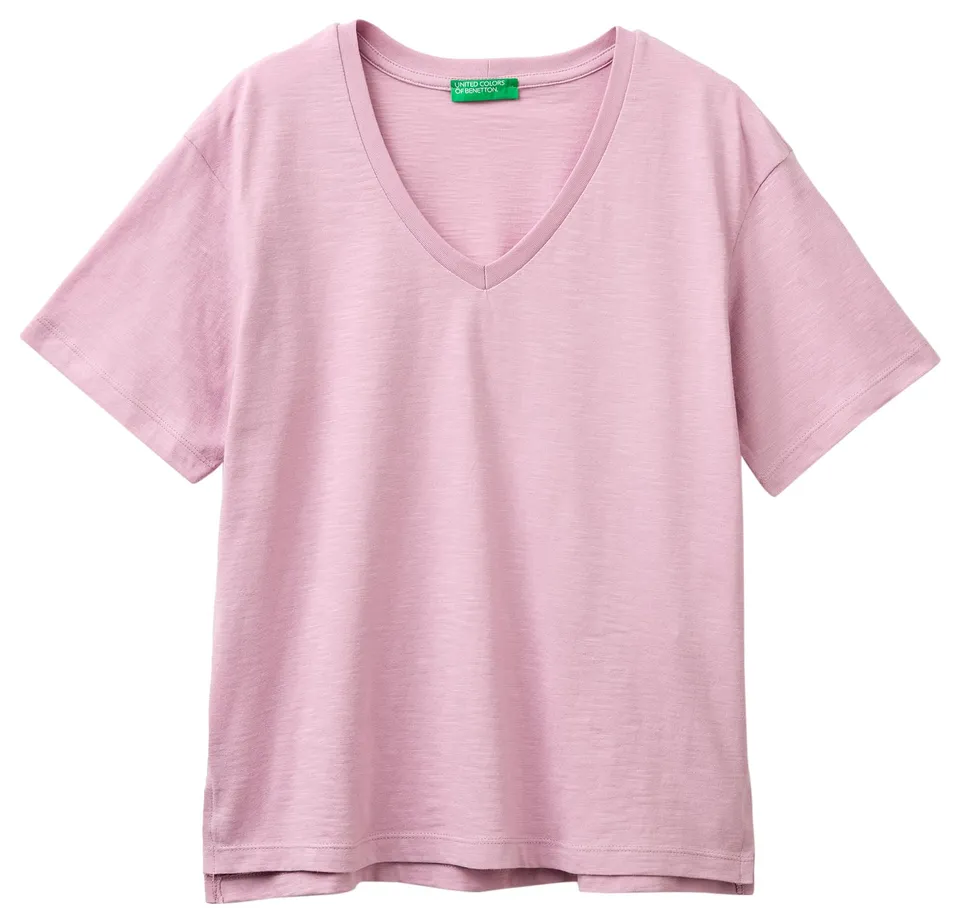 Benetton 3BVXD4020 T-Shirt Donna Viola Scollo V XXS