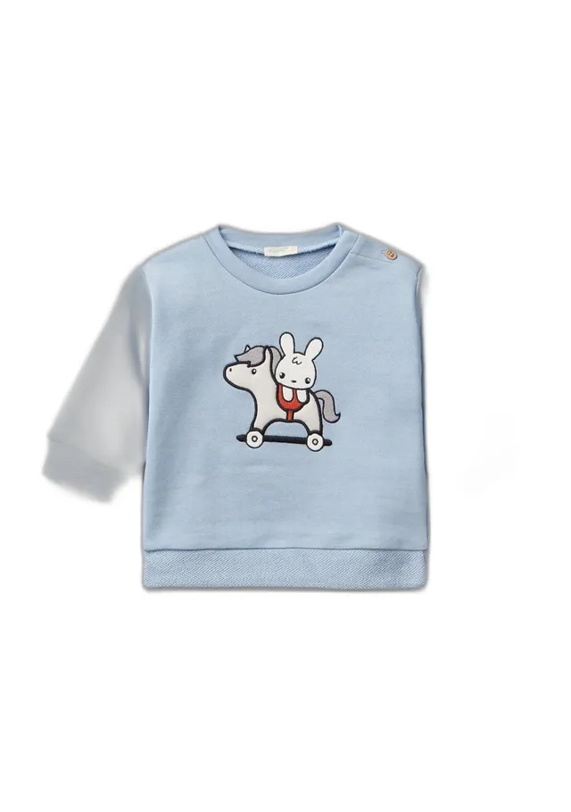 Benetton Maglia Tuta Bimbo Celeste 50 Cotone Ricamata