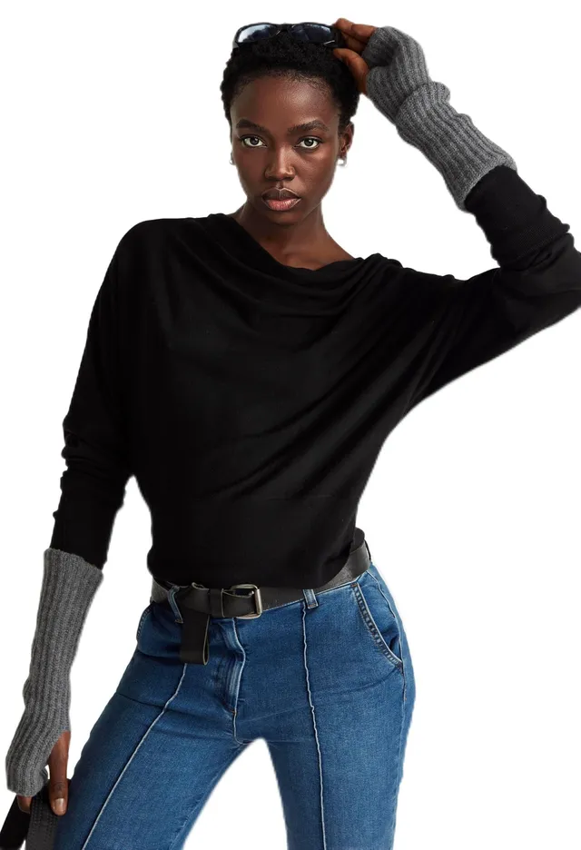 Benetton Maglieria Maglione Donna Scollo Drappeggiato M Nero