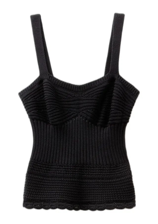 Benetton Maglieria Top Donna Spalline Punto Maglia Nero