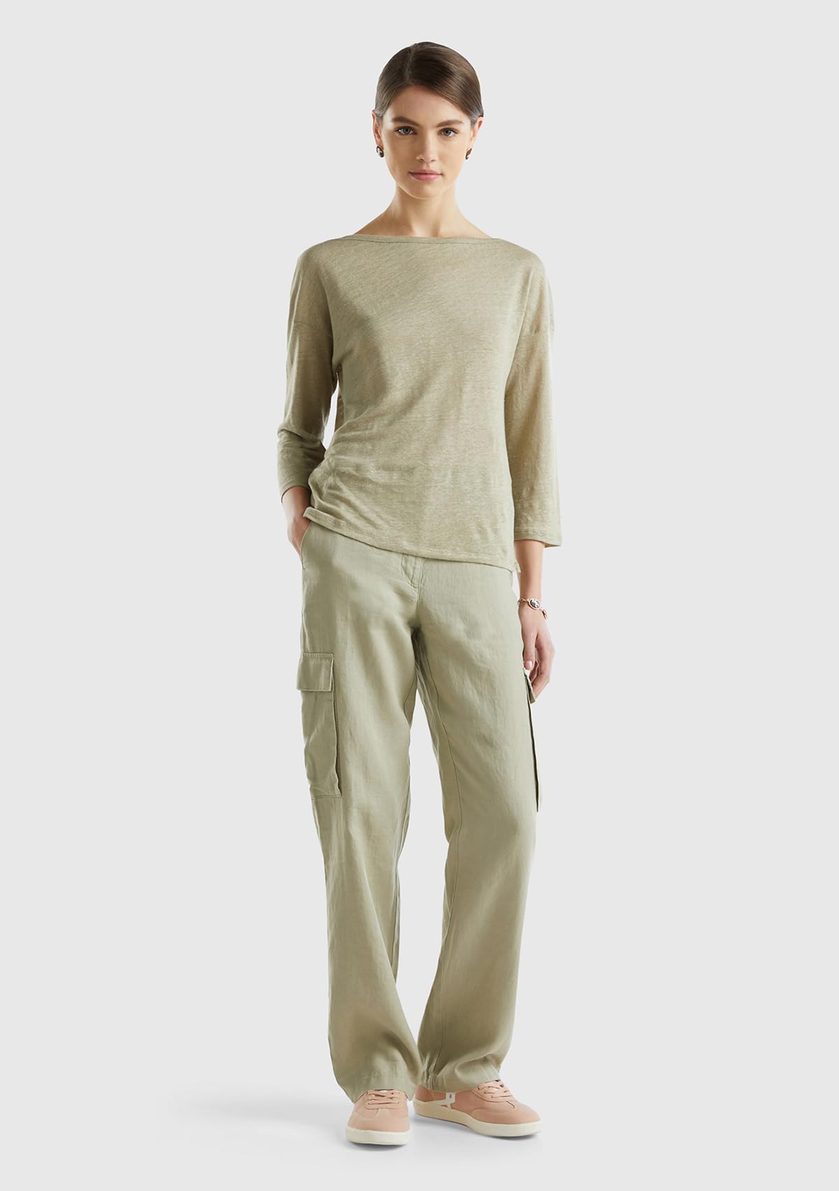Benetton Pantaloni Donna lino cargo gamba dritta