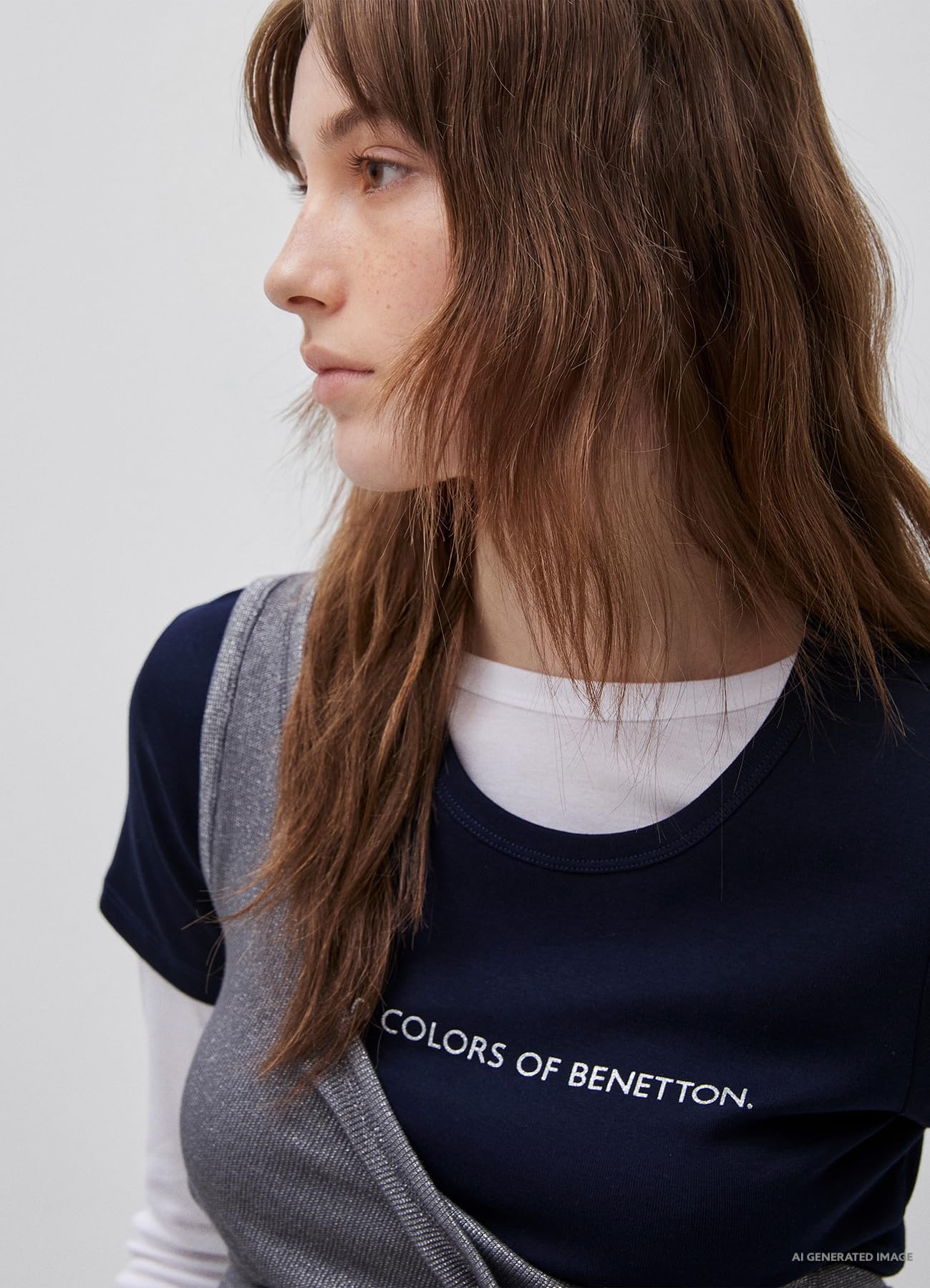 Benetton Maglietta Donna a Costine Stampa Brillante Regular