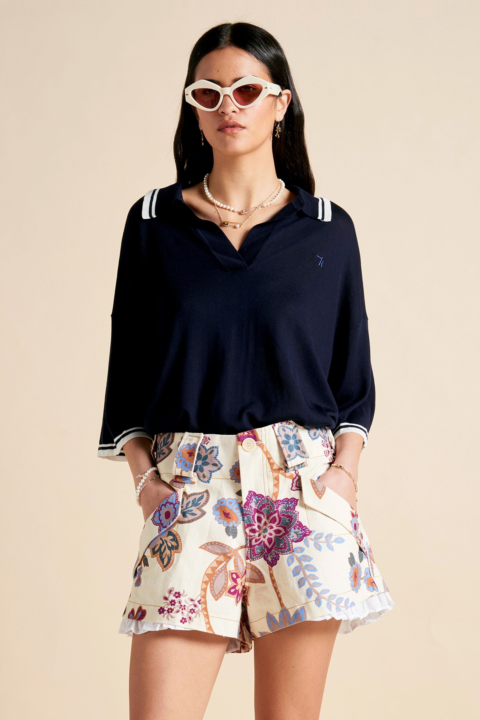 Karen Walker Harbour Shorts Cream Multi cotone organico