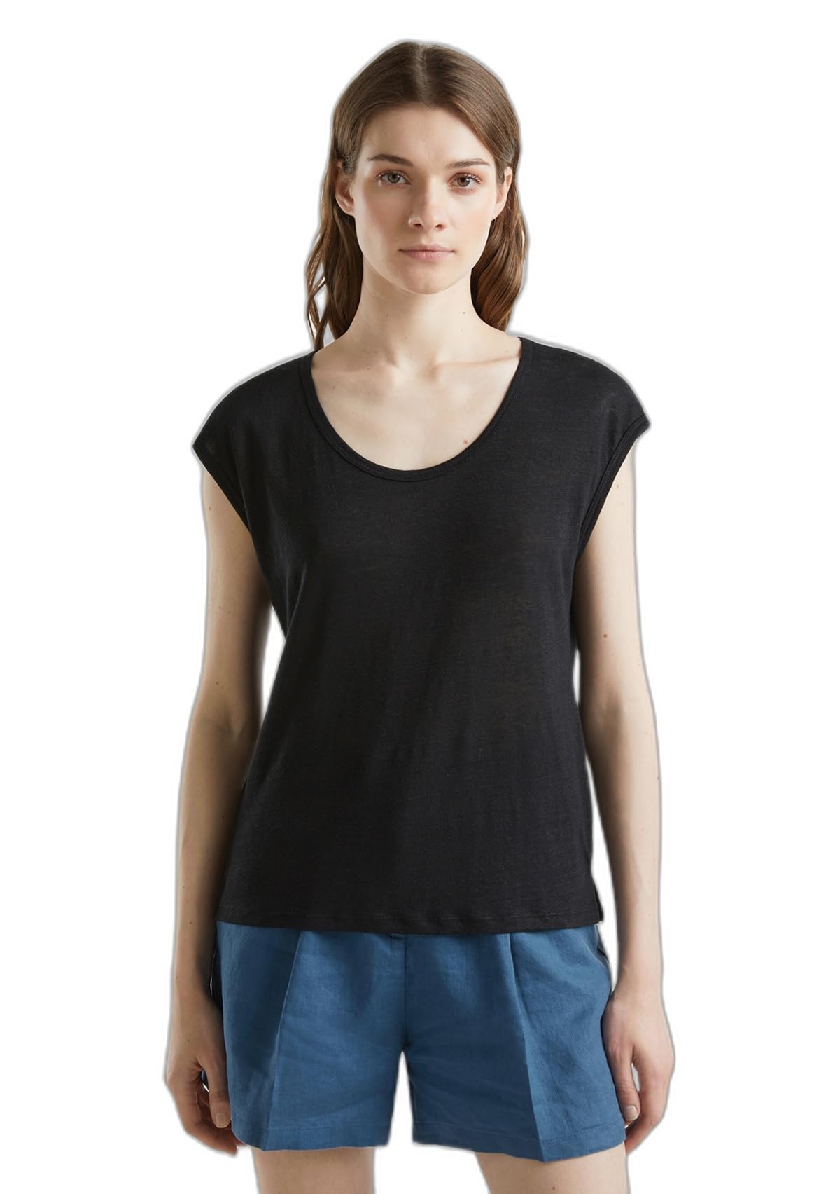 Benetton 3KGQE16B1 t-shirt donna lino boxy nero multicolore